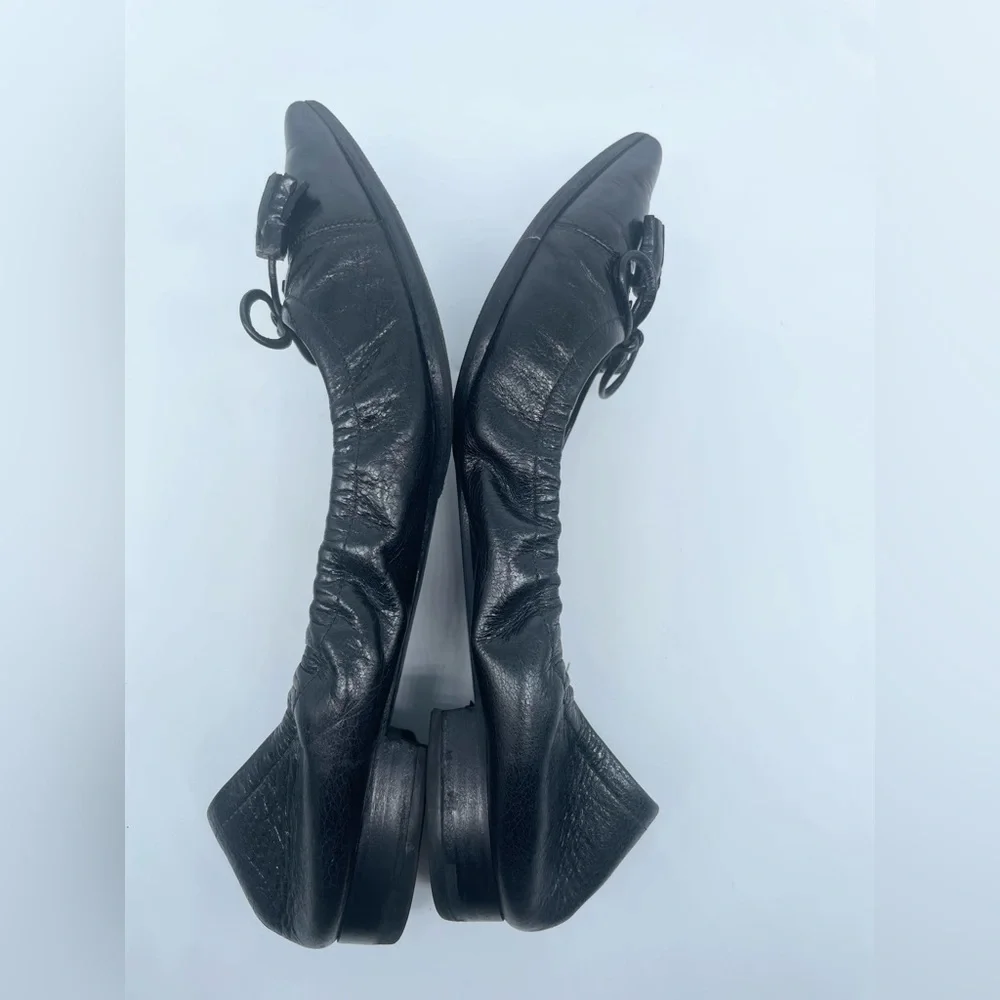 Prada Black Leather Cap toe logo embellish bow tie stretch ballerina flats EU 38